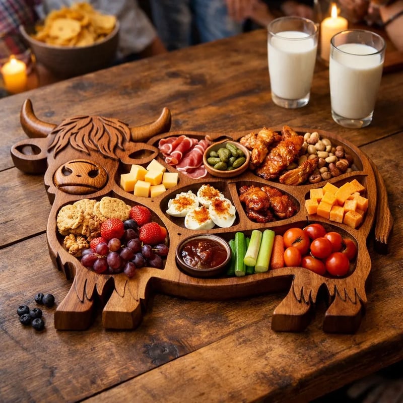 RusticGraze – Tabla de embutidos de madera de vaca de las Tierras Altas
