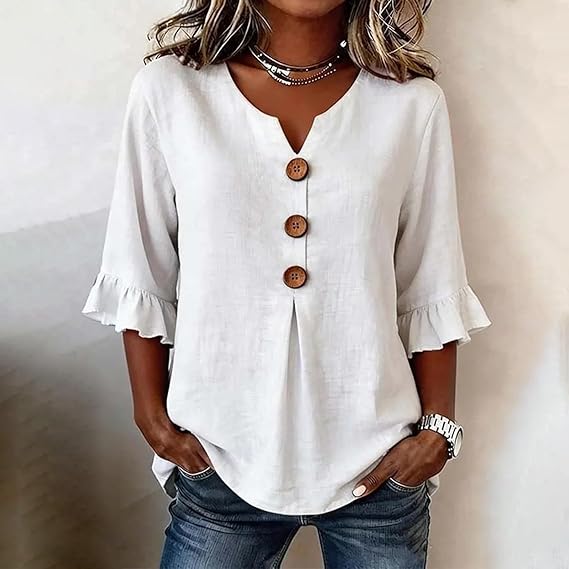 SoftDrape - Blusa vaquera con cuello de pico y mangas acampanadas para mujer