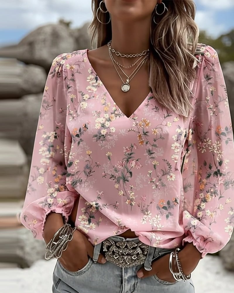 LunaPuff Chic – Blusa Casual con Cuello en V