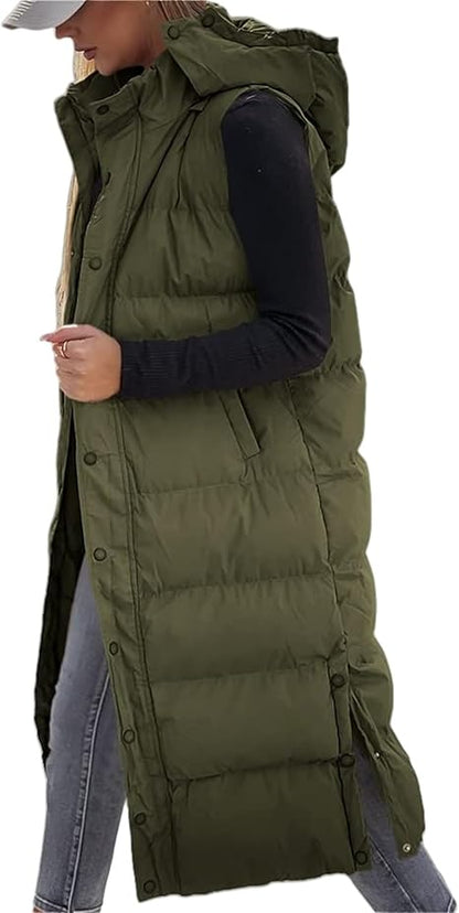QuiltChic – Chaleco largo acolchado con capucha para mujer