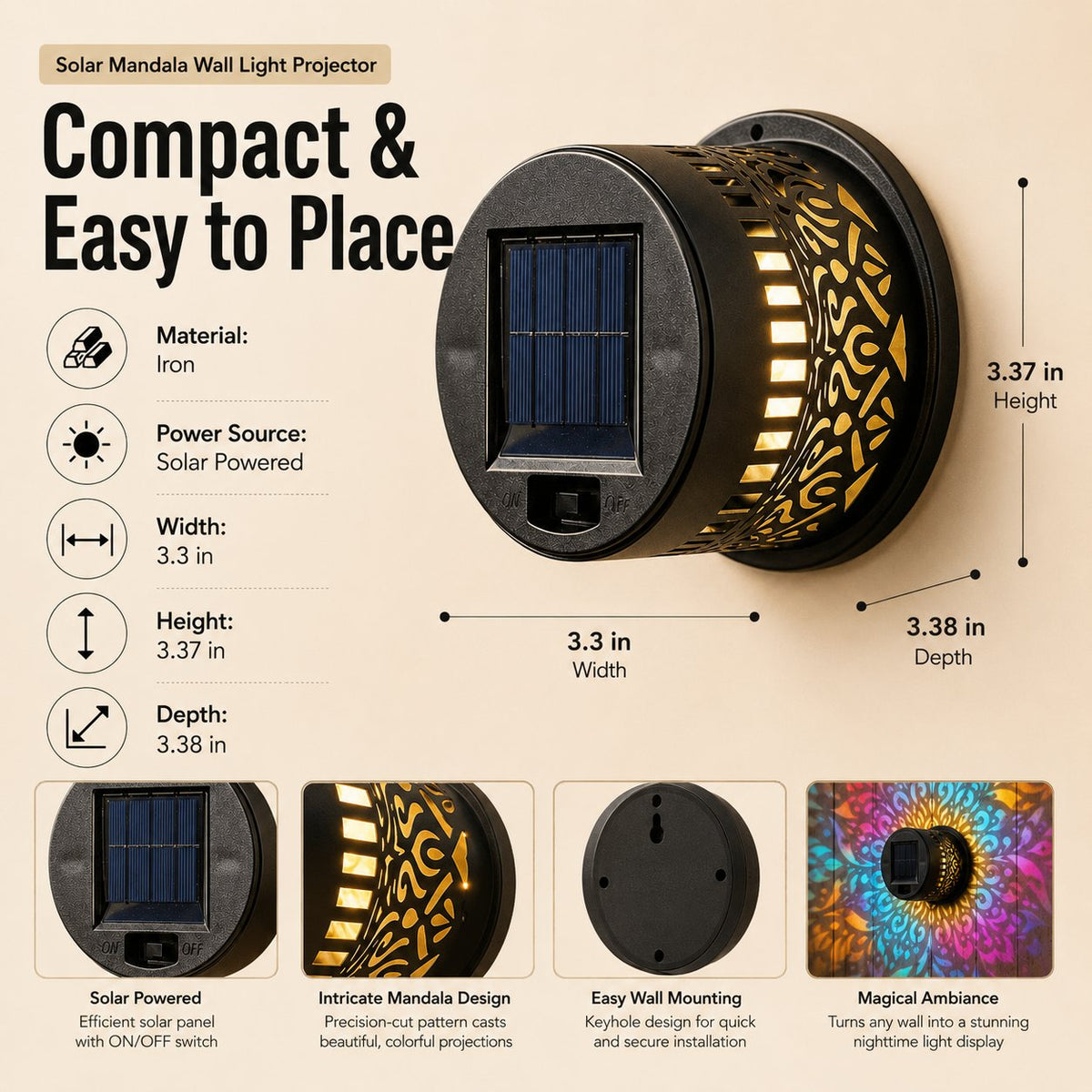 MandalaGlow - Lámpara de Proyección Solar de Mandala para Valla Exterior