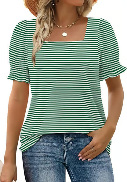 StyleMuse – Top casual de cuello cuadrado y mangas fruncidas