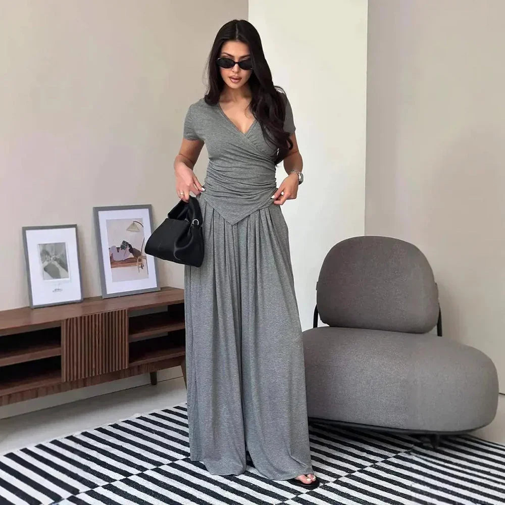 MaisonLuxe – Conjunto sofisticado de top cruzado y pantalón de pierna ancha