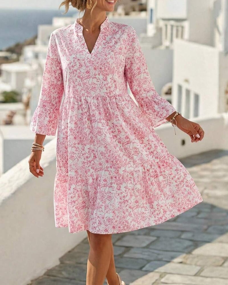 BloomLayer – Vestido floral de capas con cuello en V