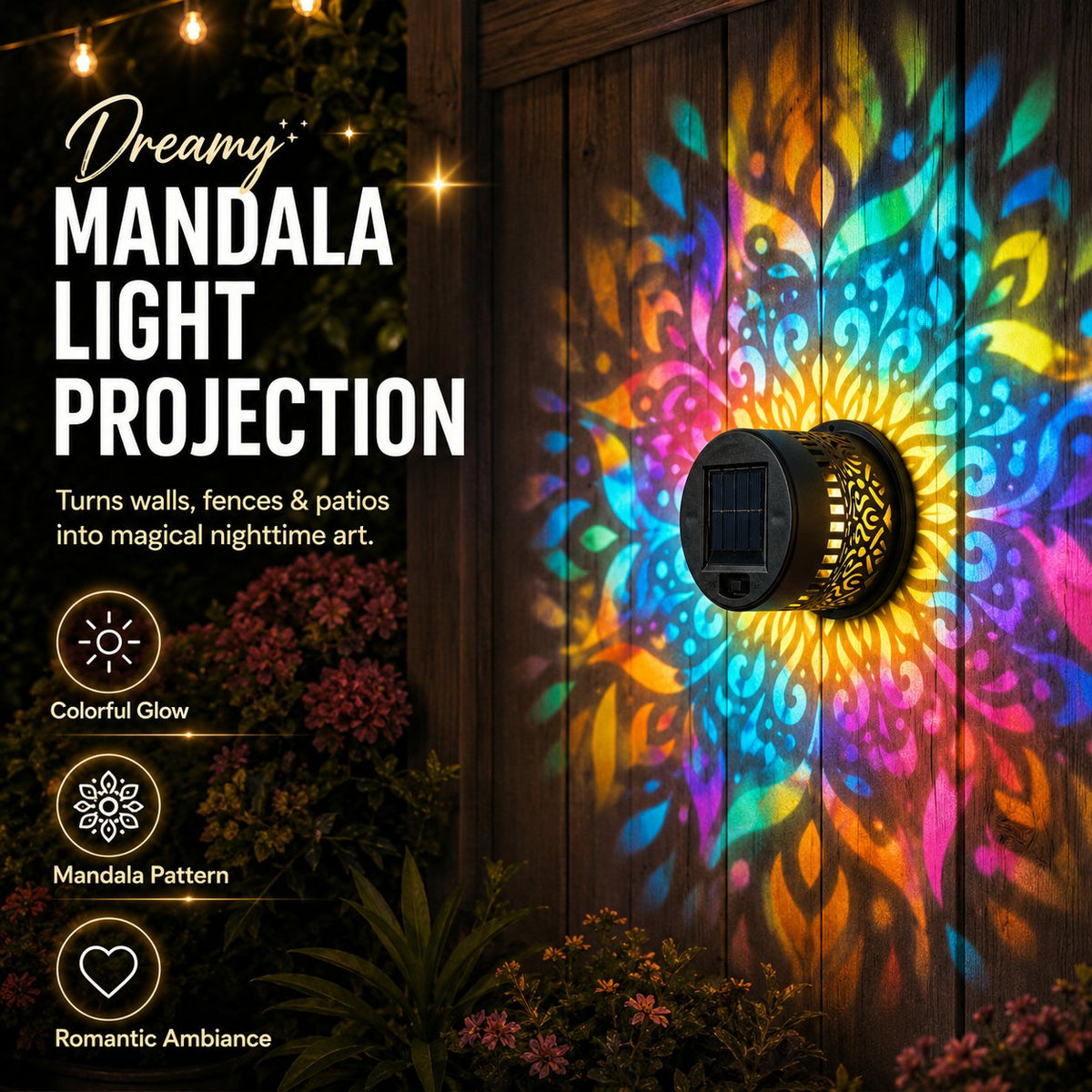 MandalaGlow - Lámpara de Proyección Solar de Mandala para Valla Exterior
