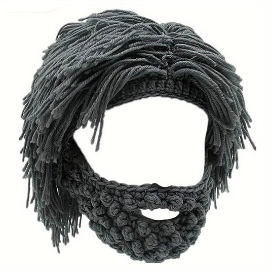 Acrylic Punk Style Beanie with Attached Straight Hair Wig and Knitted Beard