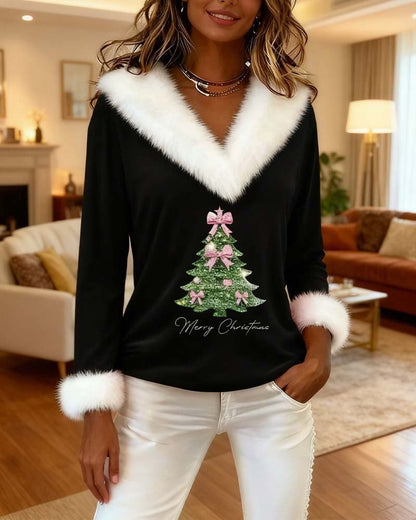 FrostLuxe – Top con estampado navideño y cuello de piel grande