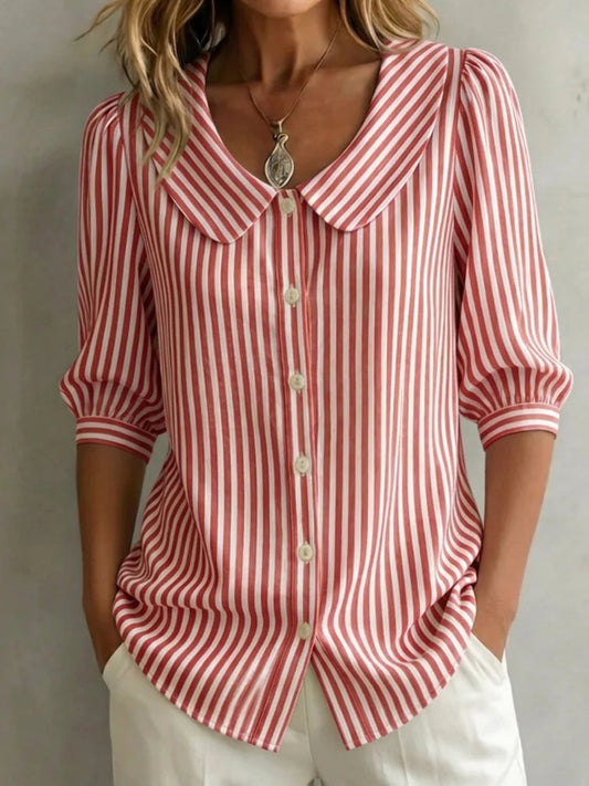 AuraClassic – Camisa de rayas para mujer con cuello Peter Pan retro