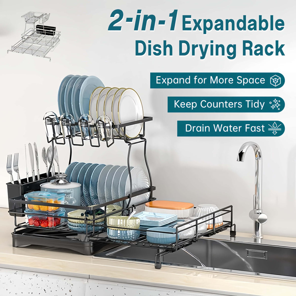 KitchenFlow – Estante de almacenamiento ajustable para secar platos
