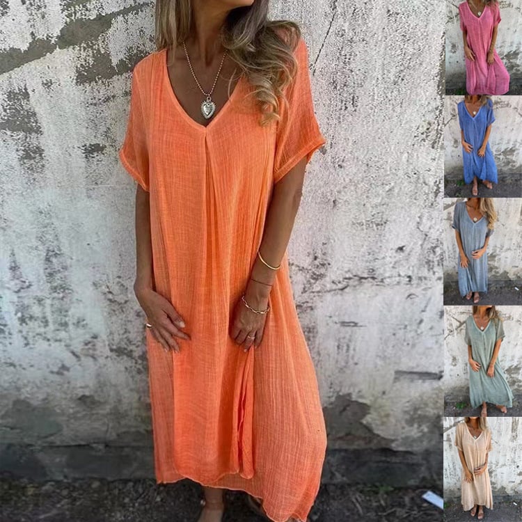 WearEase – Vestido midi de cuello en V de algodón y lino