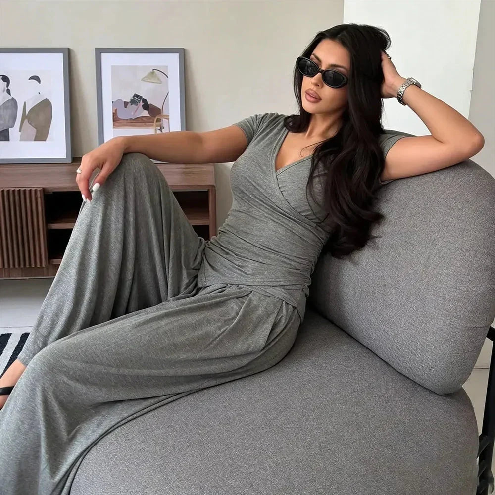 MaisonLuxe – Conjunto sofisticado de top cruzado y pantalón de pierna ancha
