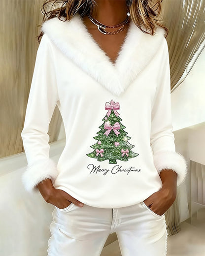FrostLuxe – Top con estampado navideño y cuello de piel grande