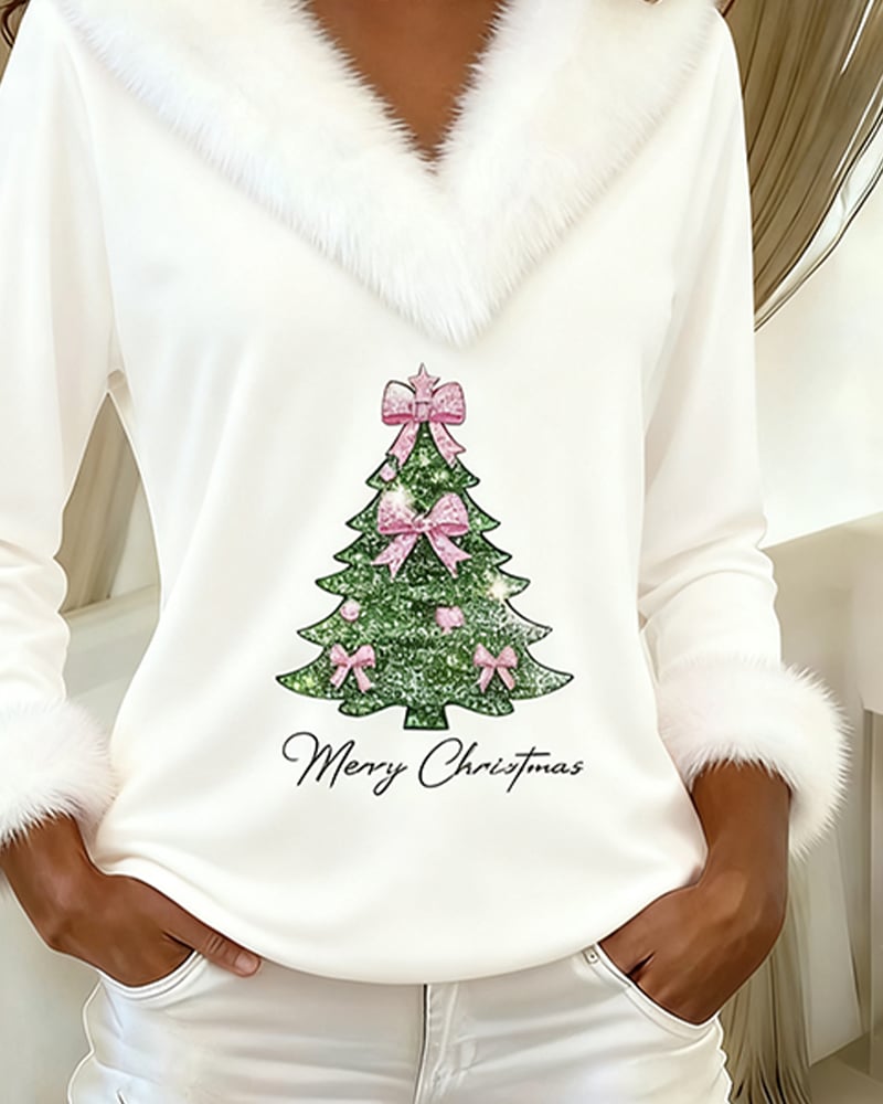 FrostLuxe – Top con estampado navideño y cuello de piel grande