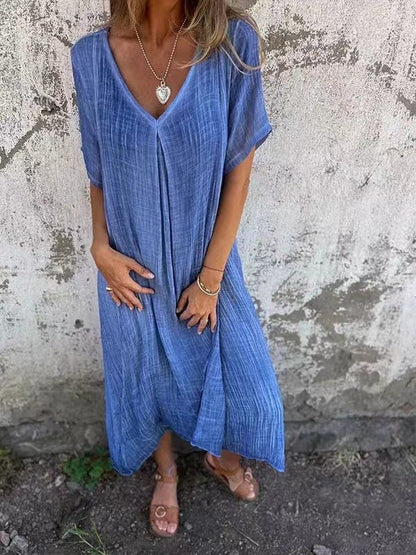 WearEase – Vestido midi de cuello en V de algodón y lino