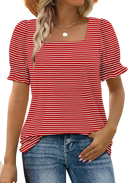 StyleMuse – Top casual de cuello cuadrado y mangas fruncidas