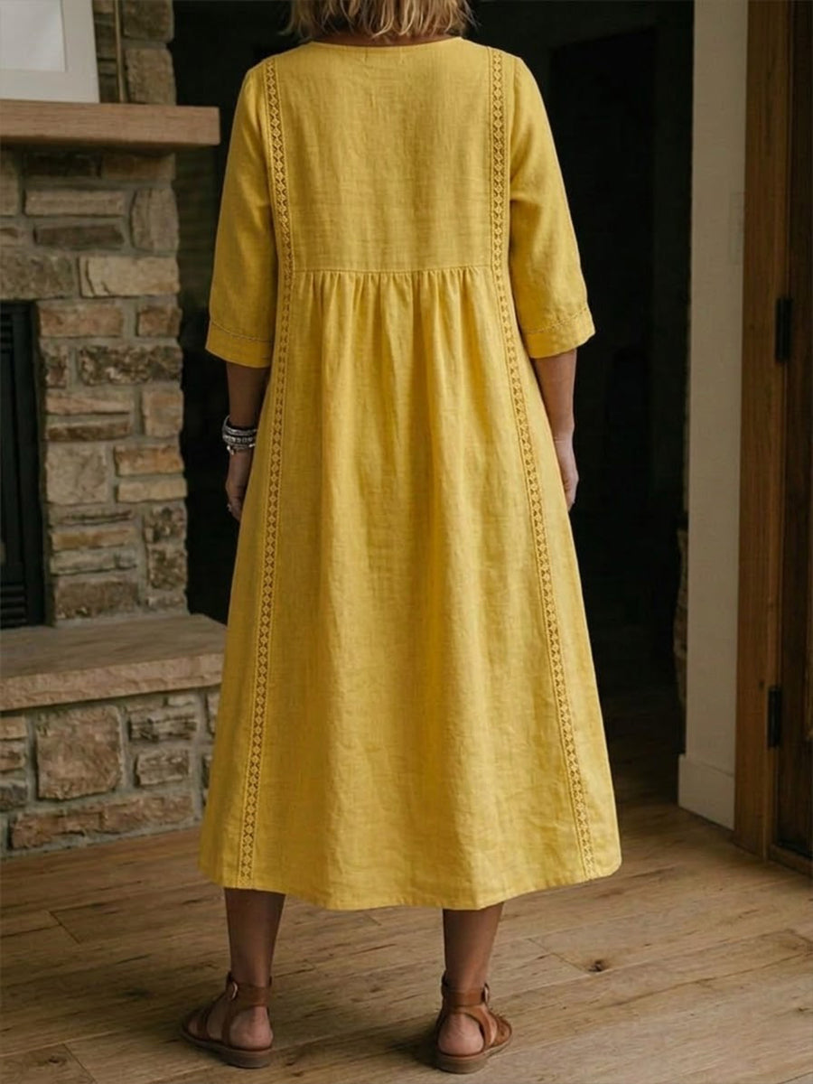 LinenLace – Vestido Casual de Lino y Algodón con Retazos