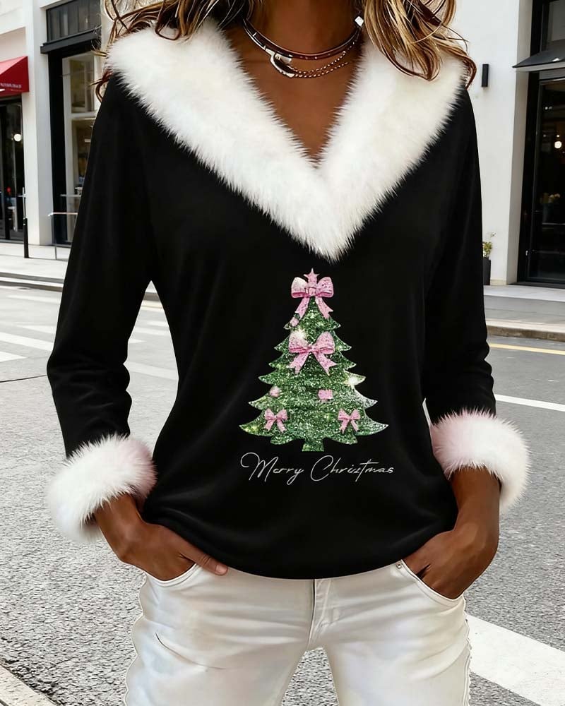 FrostLuxe – Top con estampado navideño y cuello de piel grande
