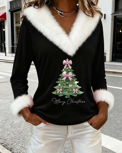 FrostLuxe – Top con estampado navideño y cuello de piel grande
