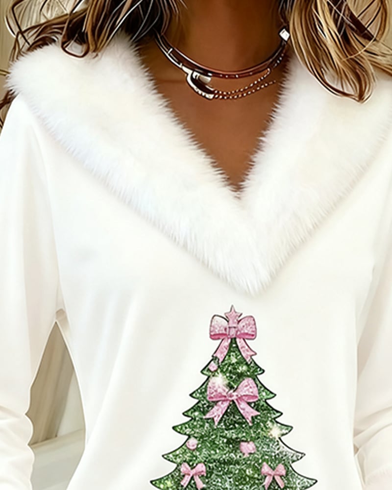FrostLuxe – Top con estampado navideño y cuello de piel grande