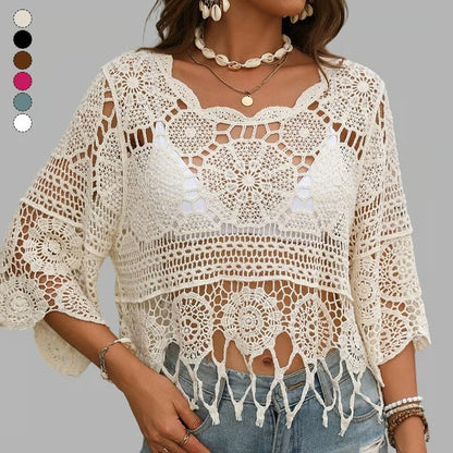 LaceAura – Túnica calada de croché con flecos para playa