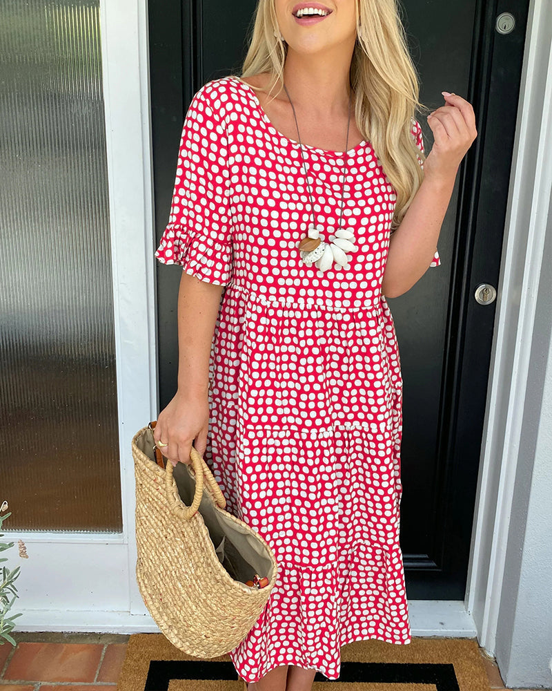 EveCharm – Vestido Midi de Cuello Redondo con Lunares