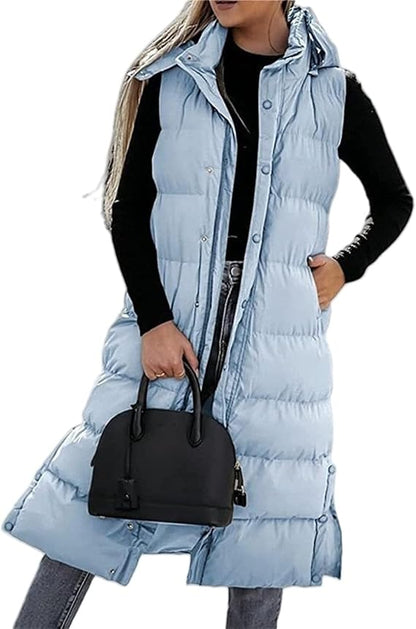 QuiltChic – Chaleco largo acolchado con capucha para mujer