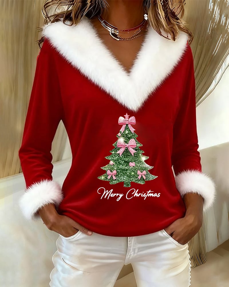 FrostLuxe – Top con estampado navideño y cuello de piel grande
