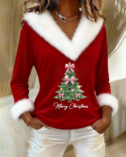 FrostLuxe – Top con estampado navideño y cuello de piel grande