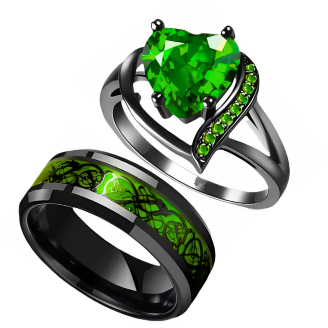 EternaBond – Ring-Set für Paare mit keltischem Drachenmotiv & rotem Herz