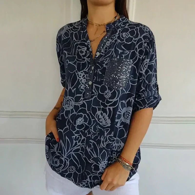 PrintLuxe – Blusa Estampada de Cuello en V con Botones