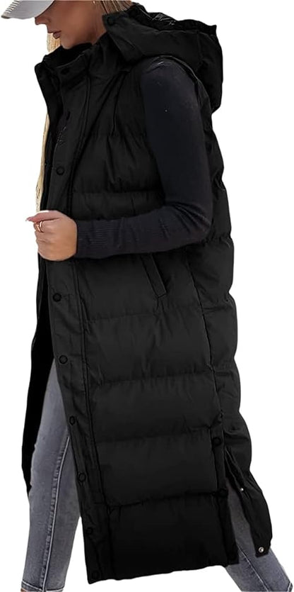 QuiltChic – Chaleco largo acolchado con capucha para mujer