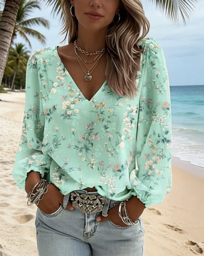 LunaPuff Chic – Blusa Casual con Cuello en V
