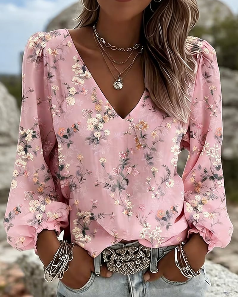 LunaPuff Chic – Blusa Casual con Cuello en V