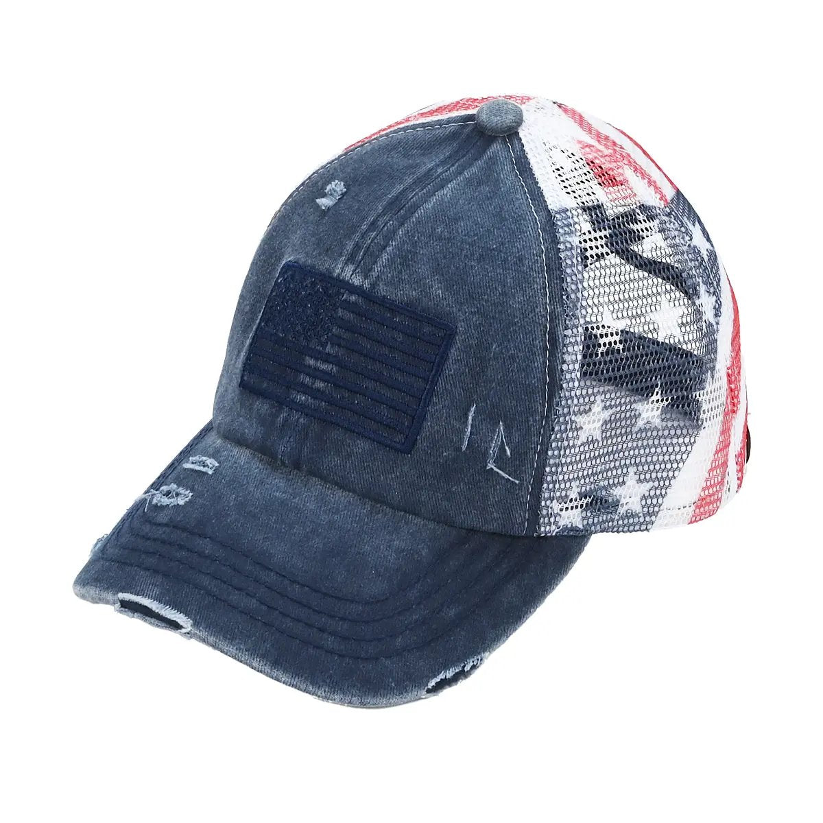 VistaCap – Mehrstufige Criss-Cross-Trucker-Cap mit amerikanischer Flagge