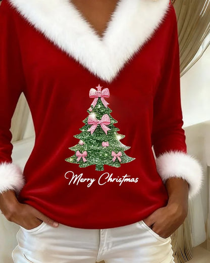 FrostLuxe – Top con estampado navideño y cuello de piel grande