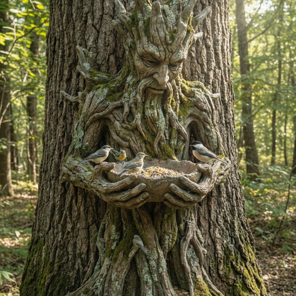 Das stille Opfer: Eine baumintegrierte Vogelfutter-Skulptur