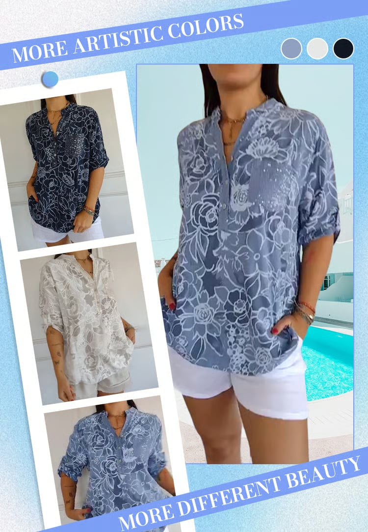 PrintLuxe – Blusa Estampada de Cuello en V con Botones