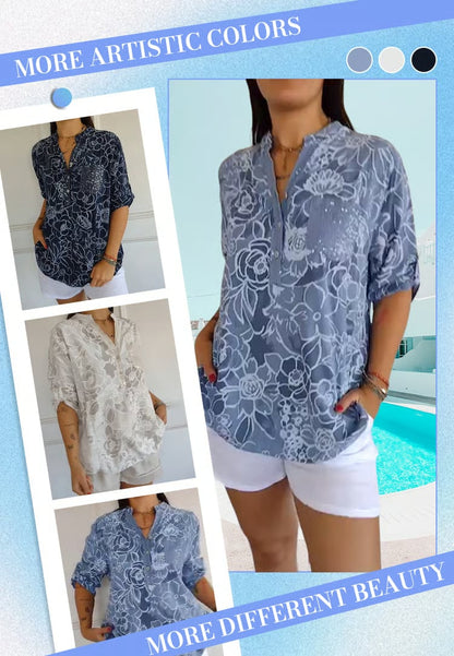 PrintLuxe – Blusa Estampada de Cuello en V con Botones