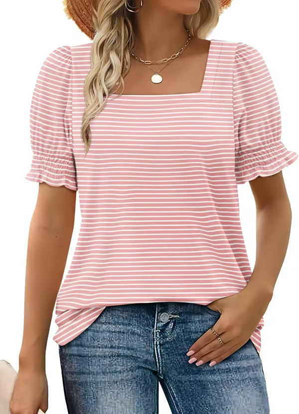 StyleMuse – Top casual de cuello cuadrado y mangas fruncidas