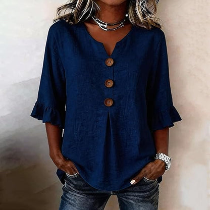 SoftDrape - Blusa vaquera con cuello de pico y mangas acampanadas para mujer