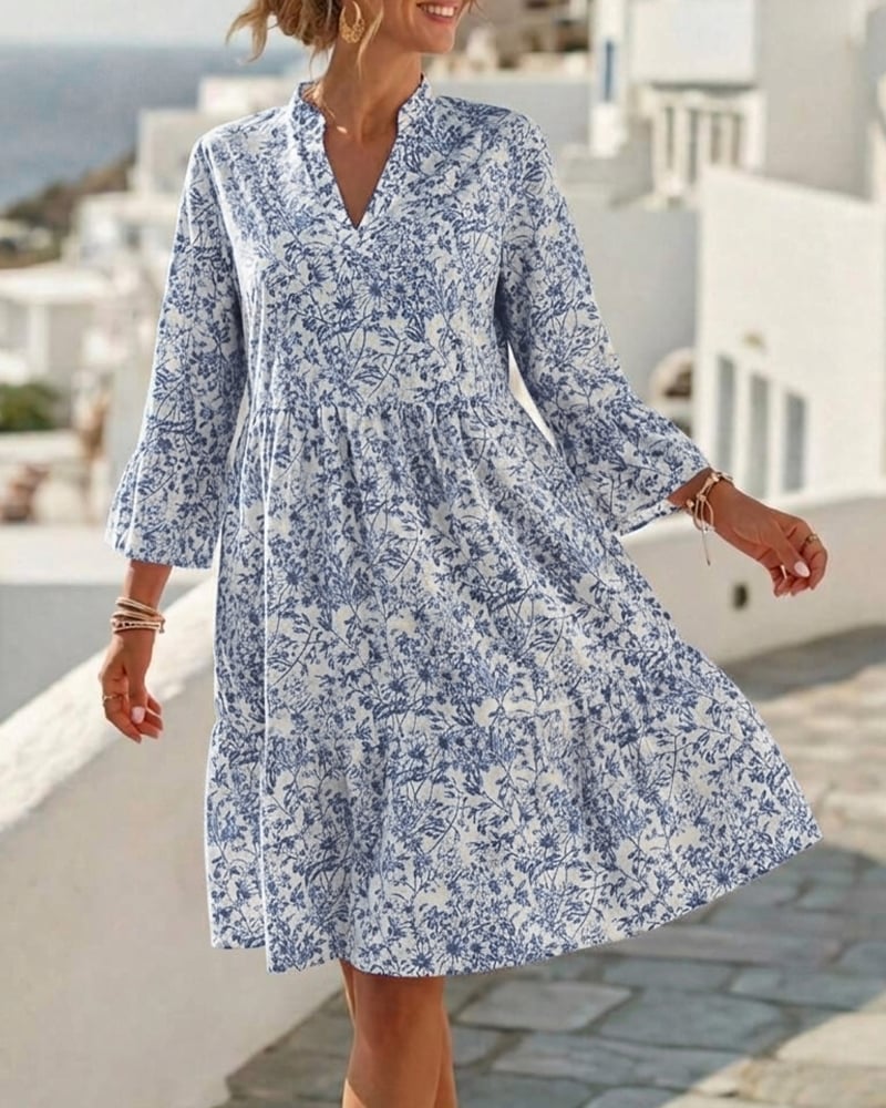 BloomLayer – Vestido floral de capas con cuello en V