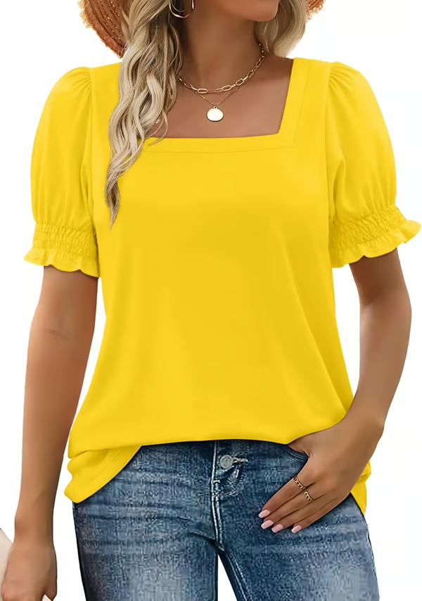 StyleMuse – Top casual de cuello cuadrado y mangas fruncidas