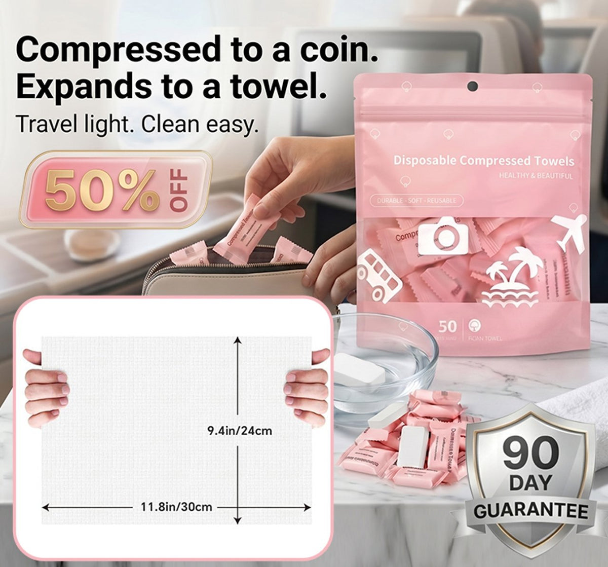AirTowel – Set aus komprimierten Einweg-Reisehandtüchern