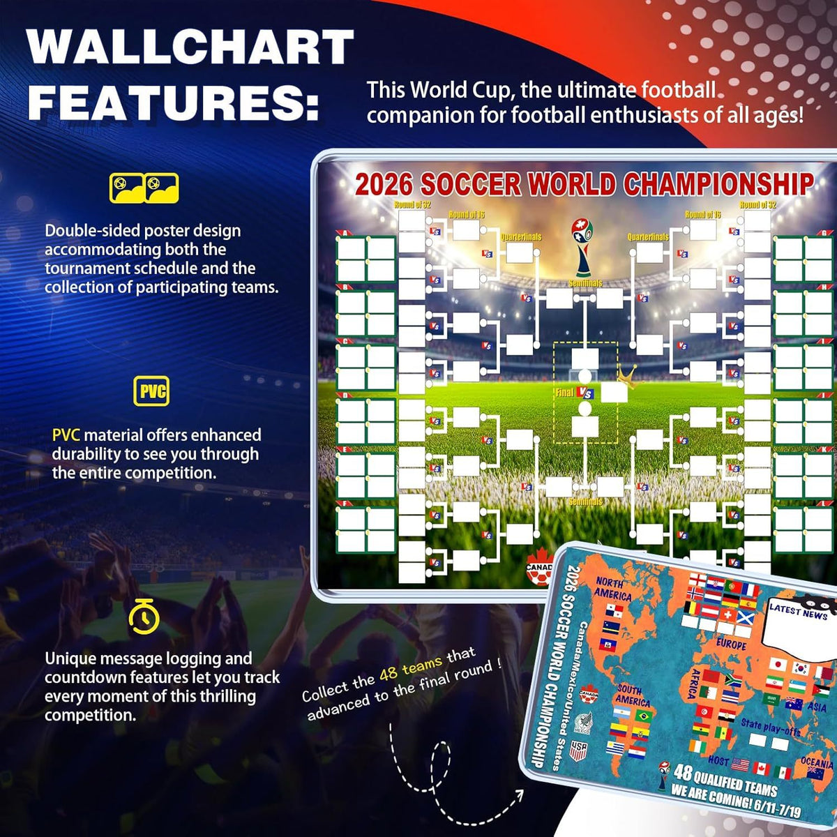 ⚽ Fußball-Weltmeisterschaft 2026 Spielplan-Poster & Kollektion der Finalrunde mit 48 Teams, funktionales 2-in-1-Poster
