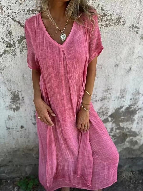 WearEase – Vestido midi de cuello en V de algodón y lino
