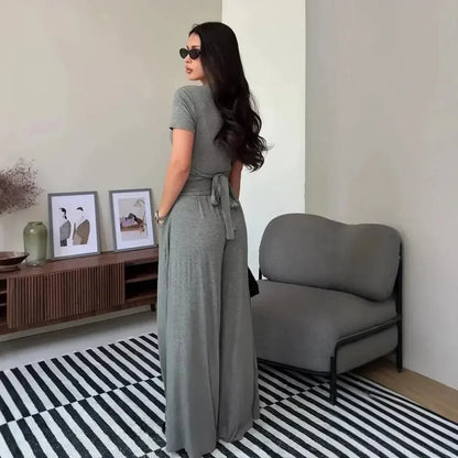 MaisonLuxe – Conjunto sofisticado de top cruzado y pantalón de pierna ancha