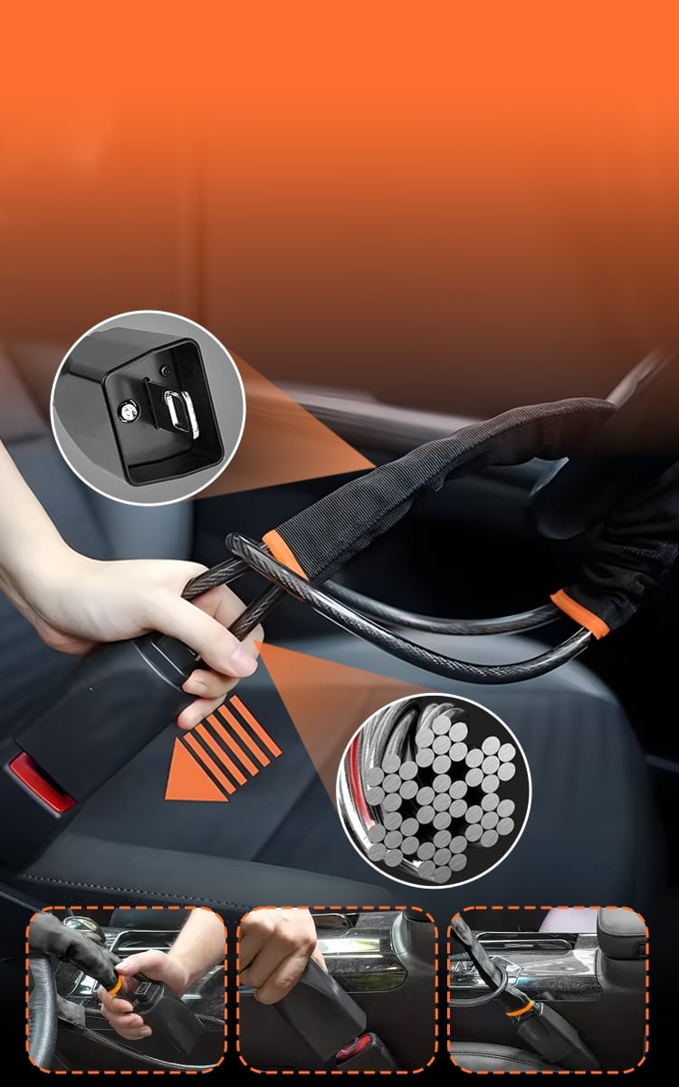 DriveDefender | Sistema antirrobo para coche con bloqueo del cinturón de seguridad y el volante