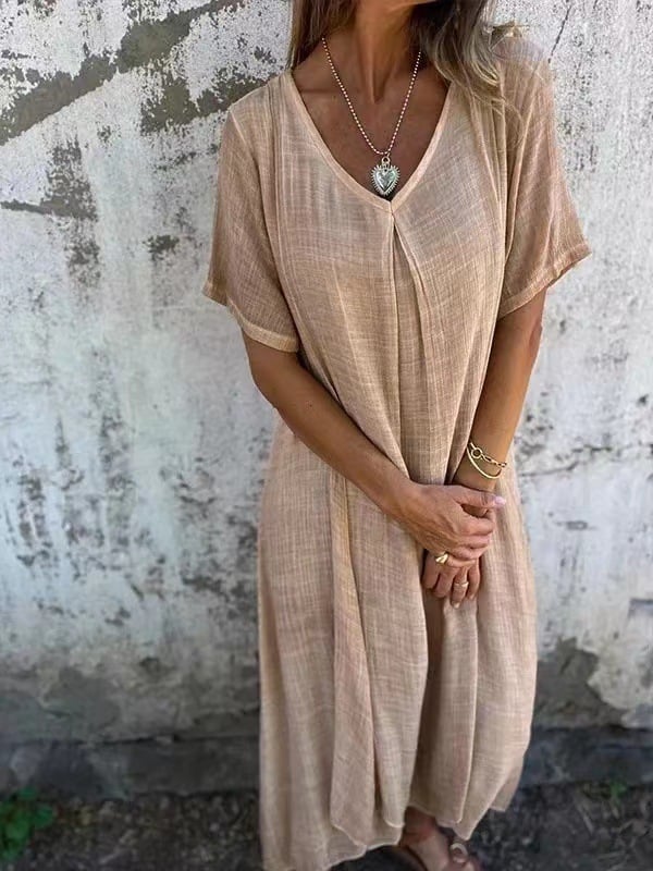 WearEase – Vestido midi de cuello en V de algodón y lino