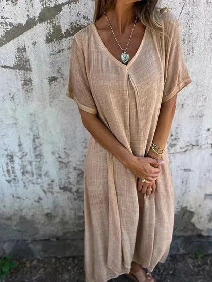 WearEase – Vestido midi de cuello en V de algodón y lino