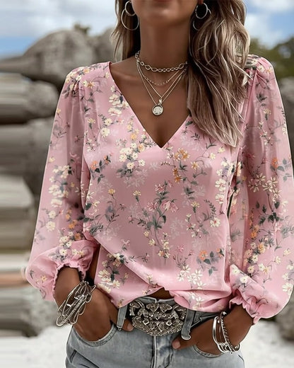 LunaPuff Chic – Blusa Casual con Cuello en V